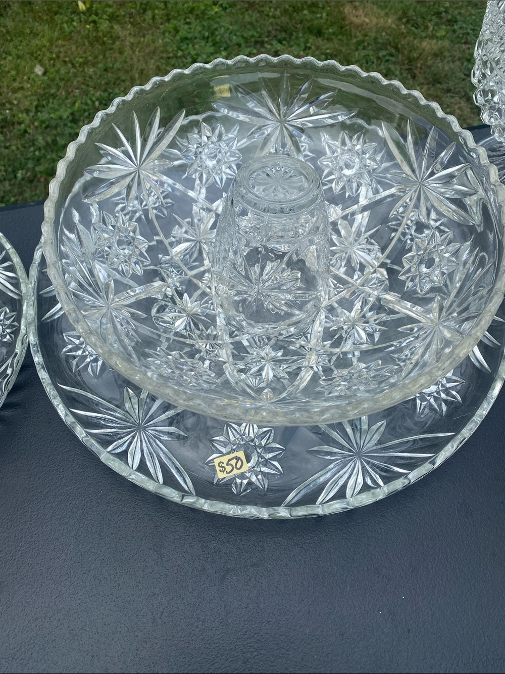 Clear Cut Glass Serving Bowl and Platter Set - Elegant Star Pattern